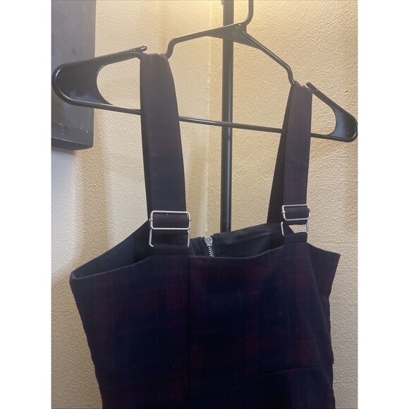 Forever 21 Navy Blue Red Plaid Front Zip Mini Overall Dress Sz Small Sleeveless - Picture 5 of 8